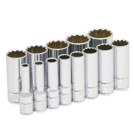 52112 Juego de dados largos cuadro de 3/8" 12 puntas en pulgadas en riel 13 piezas Urrea