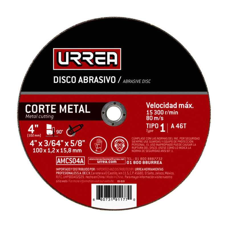 AMCS04A Disco abrasivo tipo 1 para metal 4" x 3/64" Urrea