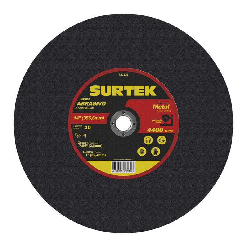 123339 Disco abrasivo tipo 1 para metal 14" x 7/64" para máquina estacionaria Surtek 123339 Disco abrasivo tipo 1 para metal 14" x 7/64" para máquina estacionaria Surtek