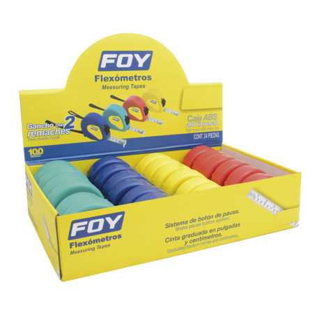 142132 Flexómetros con carcasa de plástico colores en display 5 m x 3/4" 12 piezas Foy