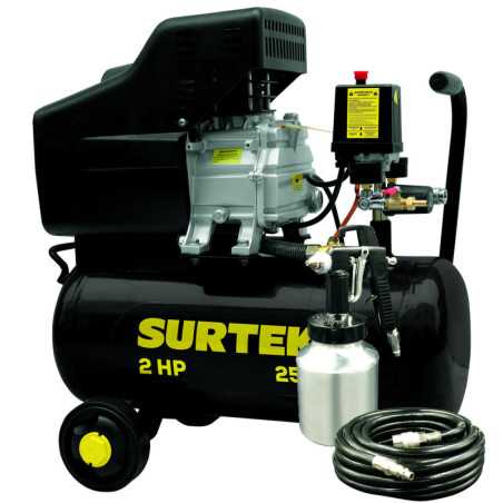 COMP425K Compresor de aire eléctrico lubricado con pistola y manguera 25 Lt 2 HP 127 V Surtek