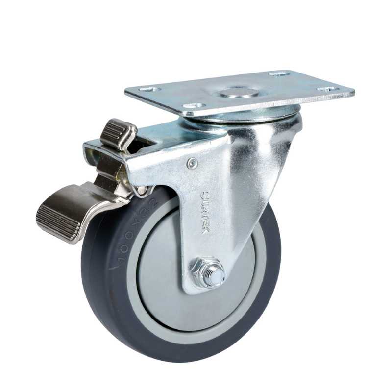 RT10B Rodaja de TPR gris giratoria con freno 4" Surtek