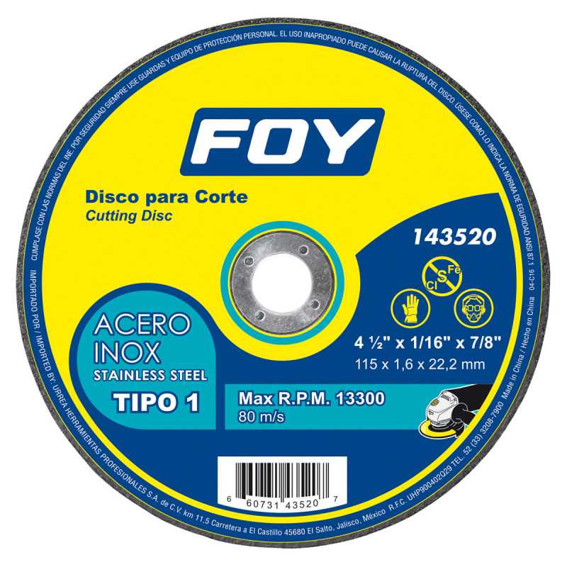 143520 Disco abrasivo tipo 1 para metal 4-1/2" x 1.6 mm Foy