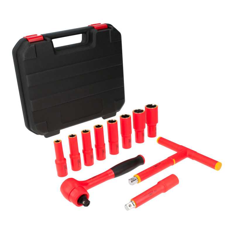 Juego de dados y accesorios cuadro de 1/2" métricos para 1000 V, 11 piezas Urrea Juego de dados y accesorios cuadro de 1/2" métricos para 1000 V, 11 piezas Urrea