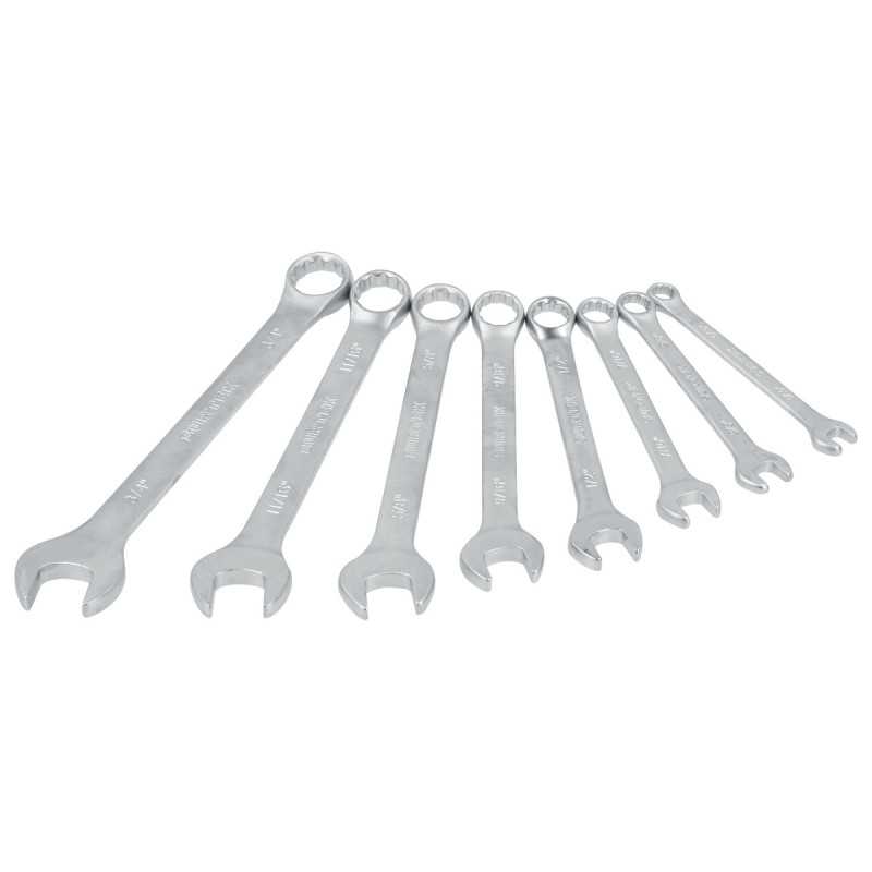 Juego de llaves combinadas satinadas en pulgadas, 12 puntas, 8 piezas en rack Surtek Juego de llaves combinadas satinadas en pulgadas, 12 puntas, 8 piezas en rack Surtek
