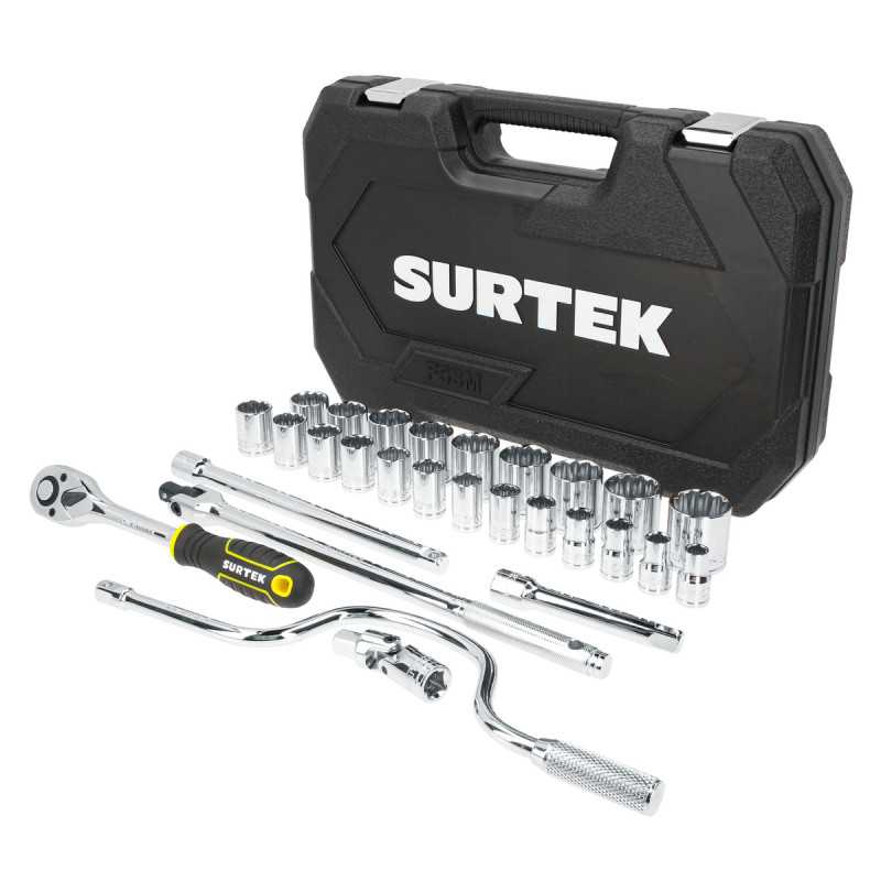 Juego de dados y accesorios cuadro de 1/2" métrico, 28 piezas Surtek Juego de dados y accesorios cuadro de 1/2" métrico, 28 piezas Surtek