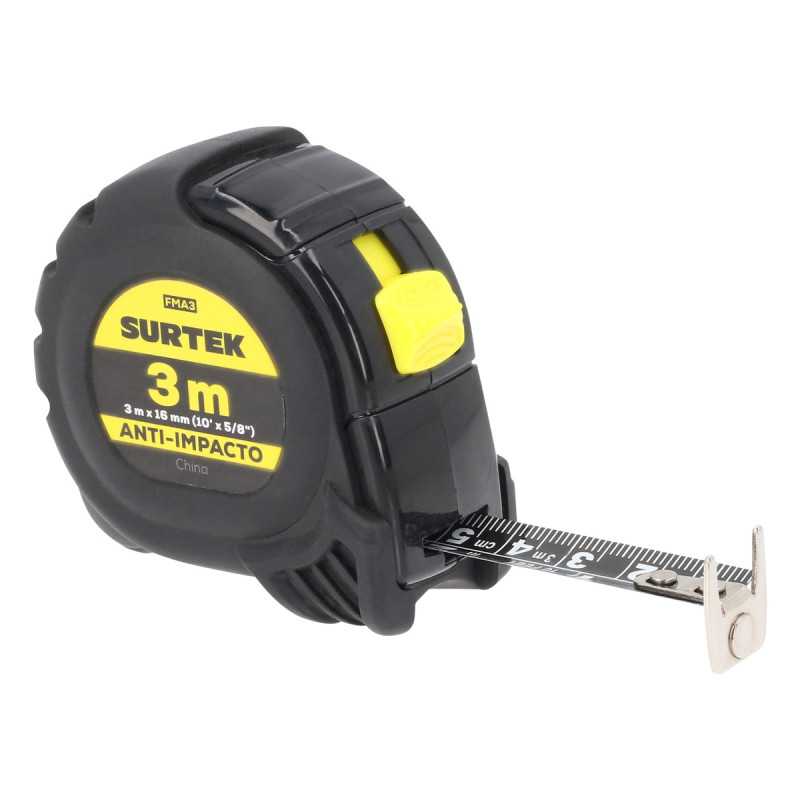 Flexómetro con carcasa anti-impacto cinta color negro 3 m x 16 mm Surtek Flexómetro con carcasa anti-impacto cinta color negro 3 m x 16 mm Surtek