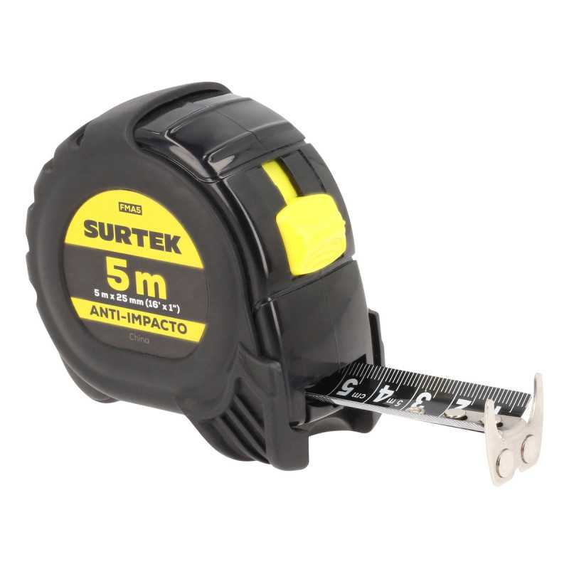 Flexómetro con carcasa anti-impacto cinta color negro 5 m x 25 mm Surtek Flexómetro con carcasa anti-impacto cinta color negro 5 m x 25 mm Surtek