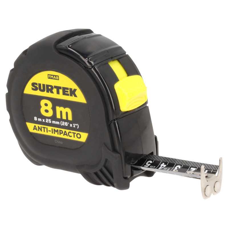 Flexómetro con carcasa anti-impacto cinta color negro 8 m x 25 mm Surtek Flexómetro con carcasa anti-impacto cinta color negro 8 m x 25 mm Surtek