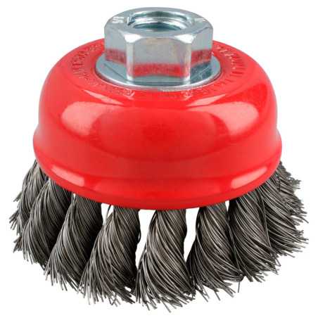 C928 Carda copa trenzada alambre grueso de acero inoxidable 4" x 0.50 mm con rosca 5/8" Urrea