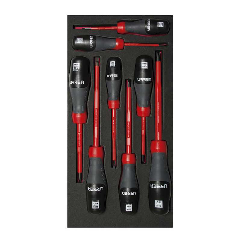 CH119 Juego de destornilladores trimaterial 1000 V varias puntas bandeja laminada 8 piezas Urrea CH119 Juego de destornilladores trimaterial 1000 V varias puntas bandeja laminada 8 piezas Urrea