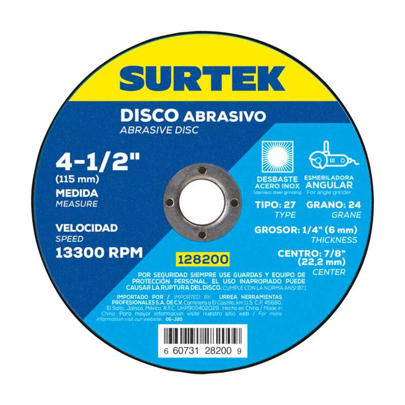 128200 Disco abrasivo tipo 27 para metal 4-1/2" x 1/4" Surtek