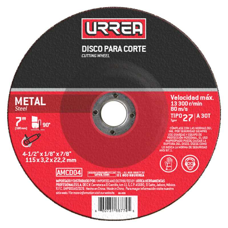 AMGD04 Disco abrasivo tipo 27 para metal 4-1/2" x 1/4" Urrea